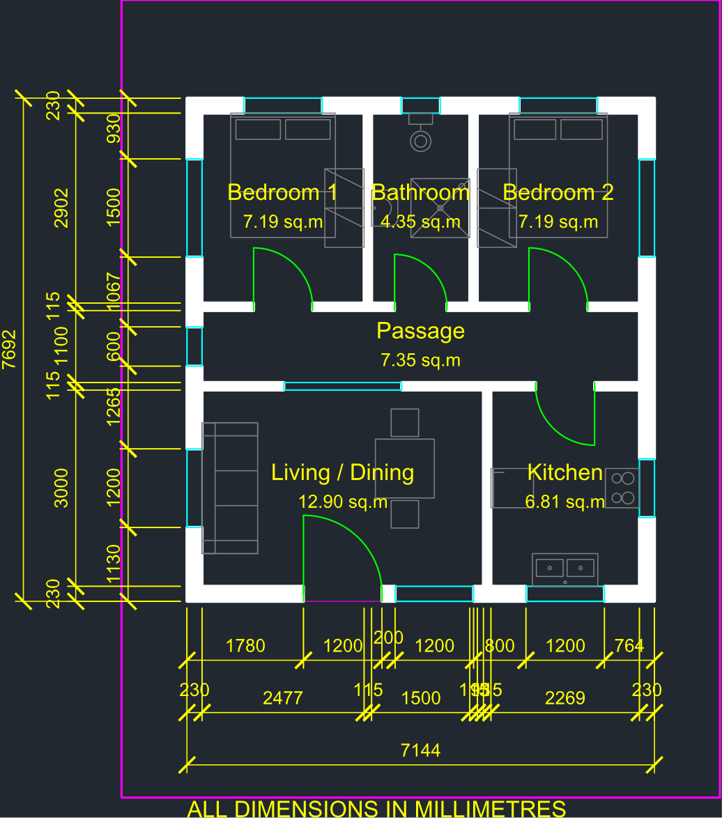 A Karna-compiled 2BHK floor plan: two bedrooms with beds and wardrobes, a bathroom, a living-dining room, a kitchen and a passage — with dimension chains in millimetres, door swings and window openings.